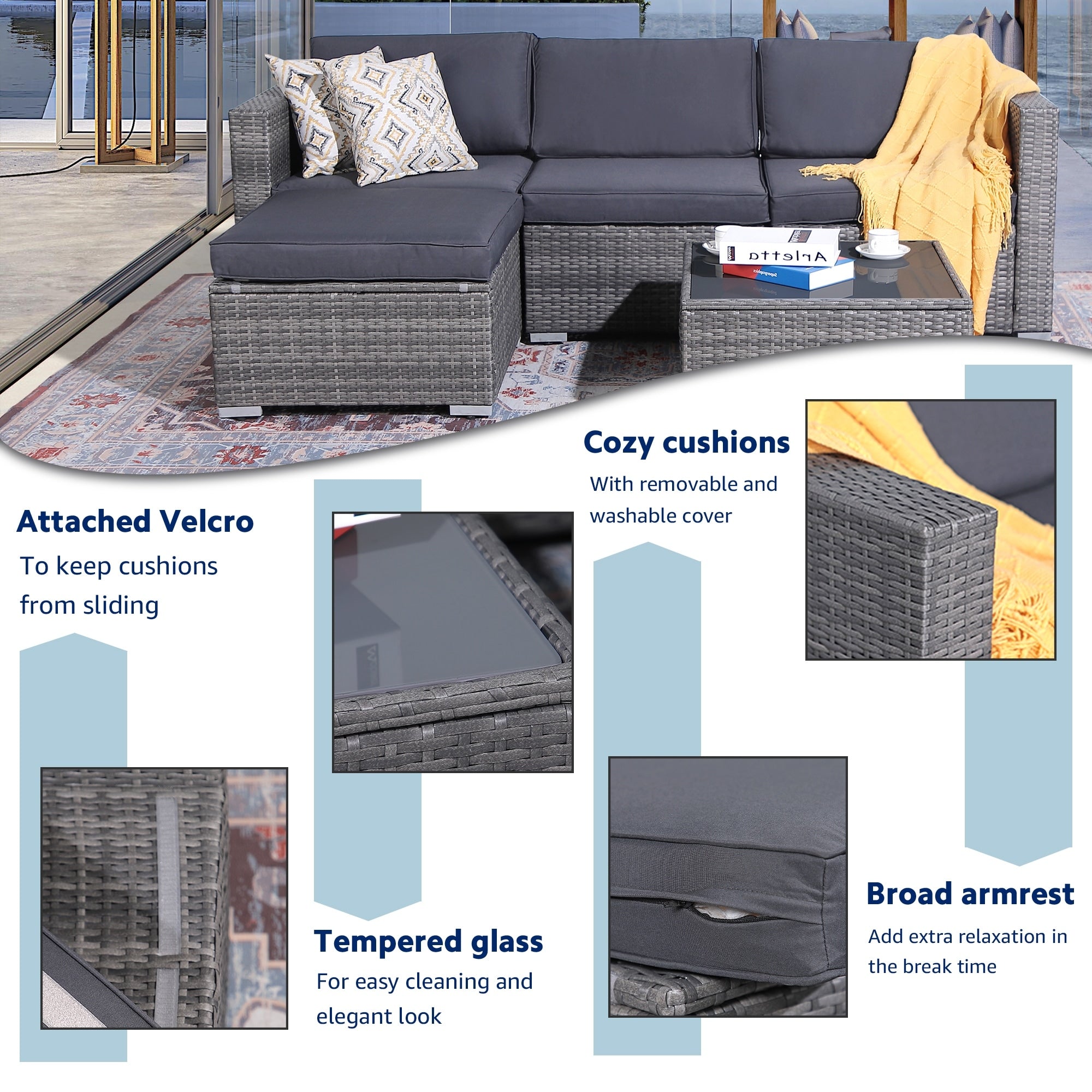 Ensemble de canapé d'angle d'extérieur en résine tressée 5 pièces avec coussins