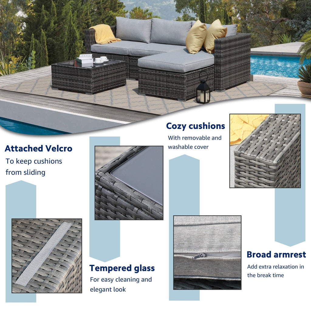 Ensemble de canapé d'angle d'extérieur en résine tressée 5 pièces avec coussins