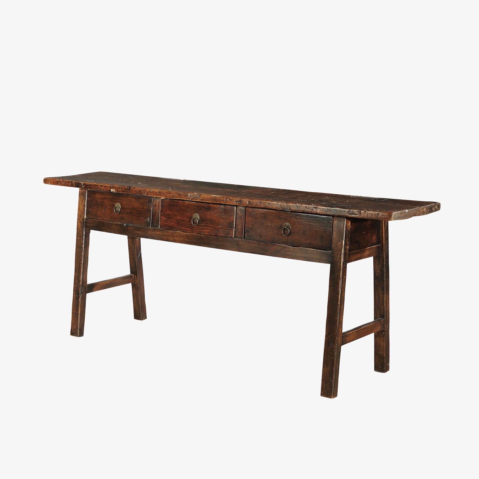 Console rustique en bois de récupération, finition foncée.