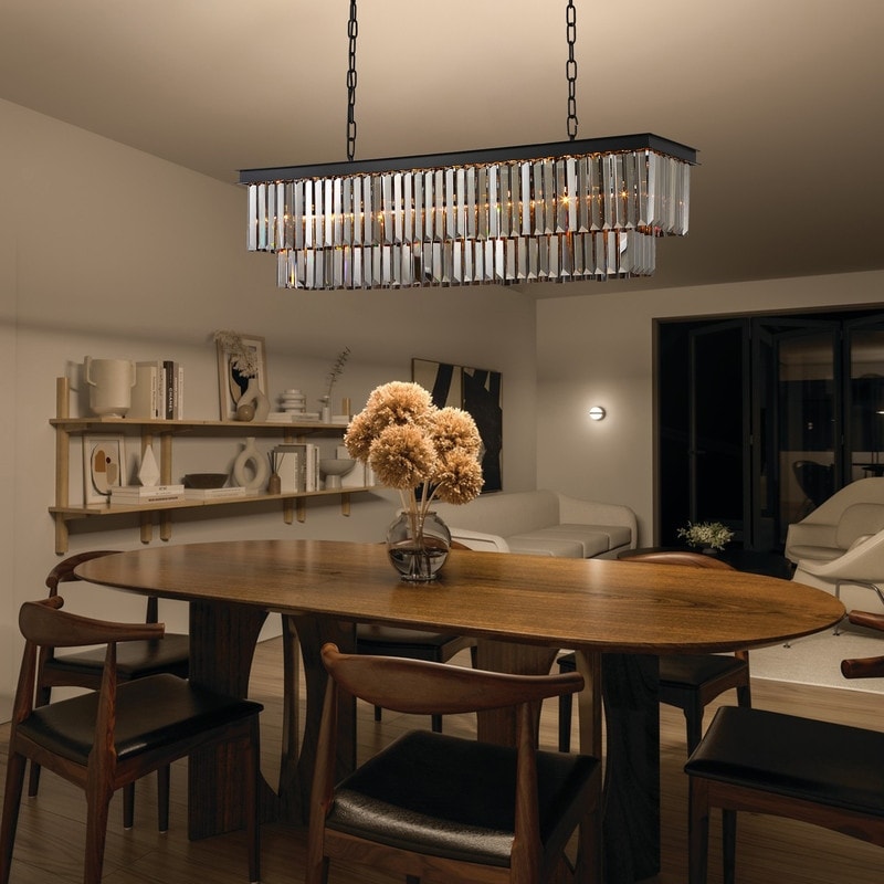 Lustre moderne contemporain en cristal gris fumé et noir à deux niveaux, suspension linéaire pour îlot de cuisine ou salle à manger, 119 cm (47 po).