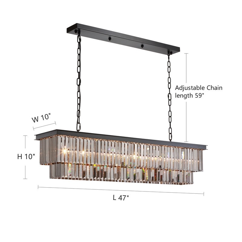 Lustre moderne contemporain en cristal gris fumé et noir à deux niveaux, suspension linéaire pour îlot de cuisine ou salle à manger, 119 cm (47 po).