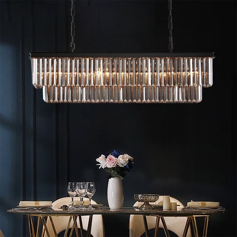 Lustre moderne contemporain en cristal gris fumé et noir à deux niveaux, suspension linéaire pour îlot de cuisine ou salle à manger, 119 cm (47 po).