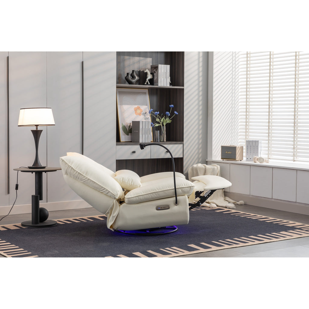 Fauteuil inclinable électrique pivotant avec haut-parleurs Bluetooth, support pour téléphone, ports de chargement USB et Type-C, rangement dissimulé dans l'accoudoir
