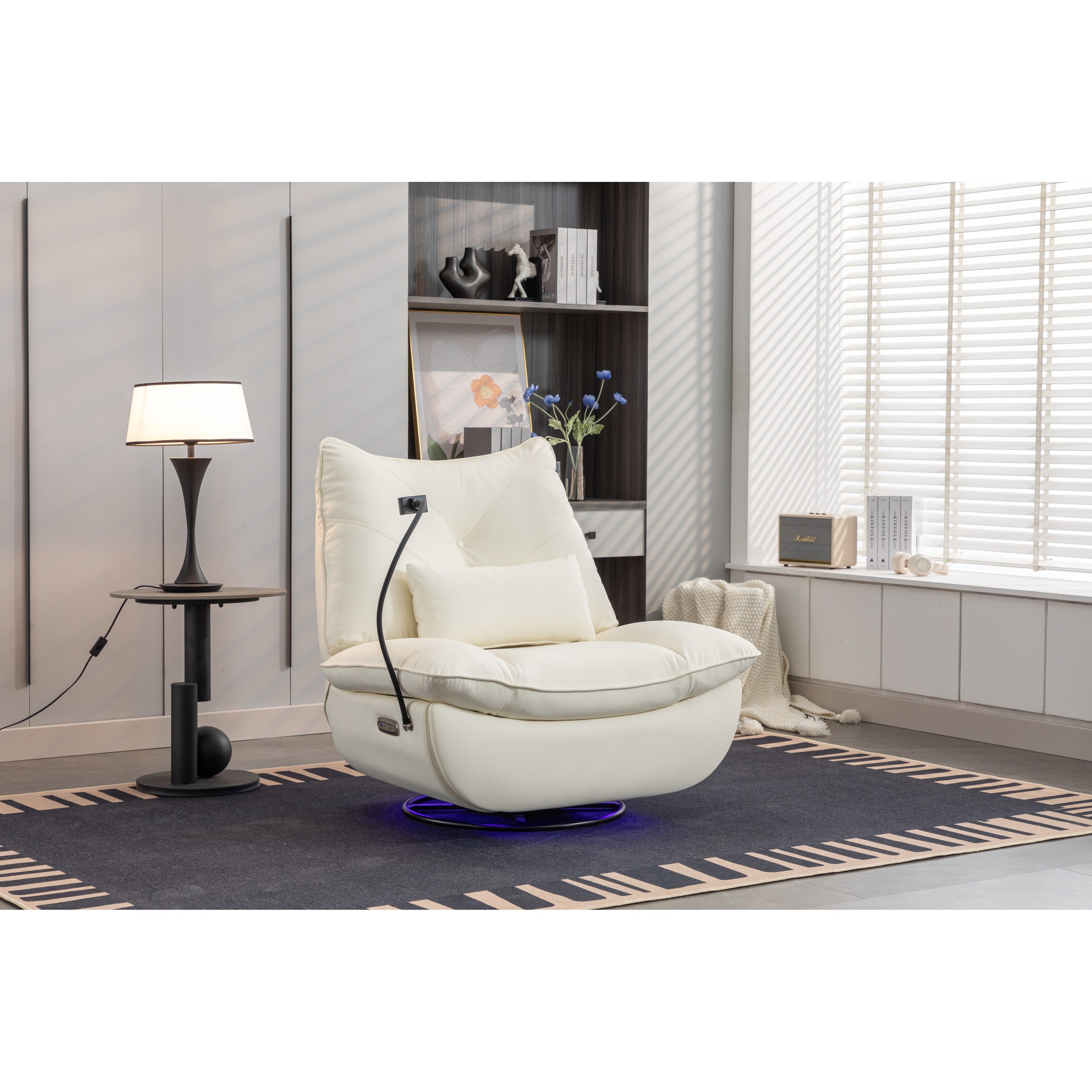 Fauteuil inclinable électrique pivotant avec haut-parleurs Bluetooth, support pour téléphone, ports de chargement USB et Type-C, rangement dissimulé dans l'accoudoir