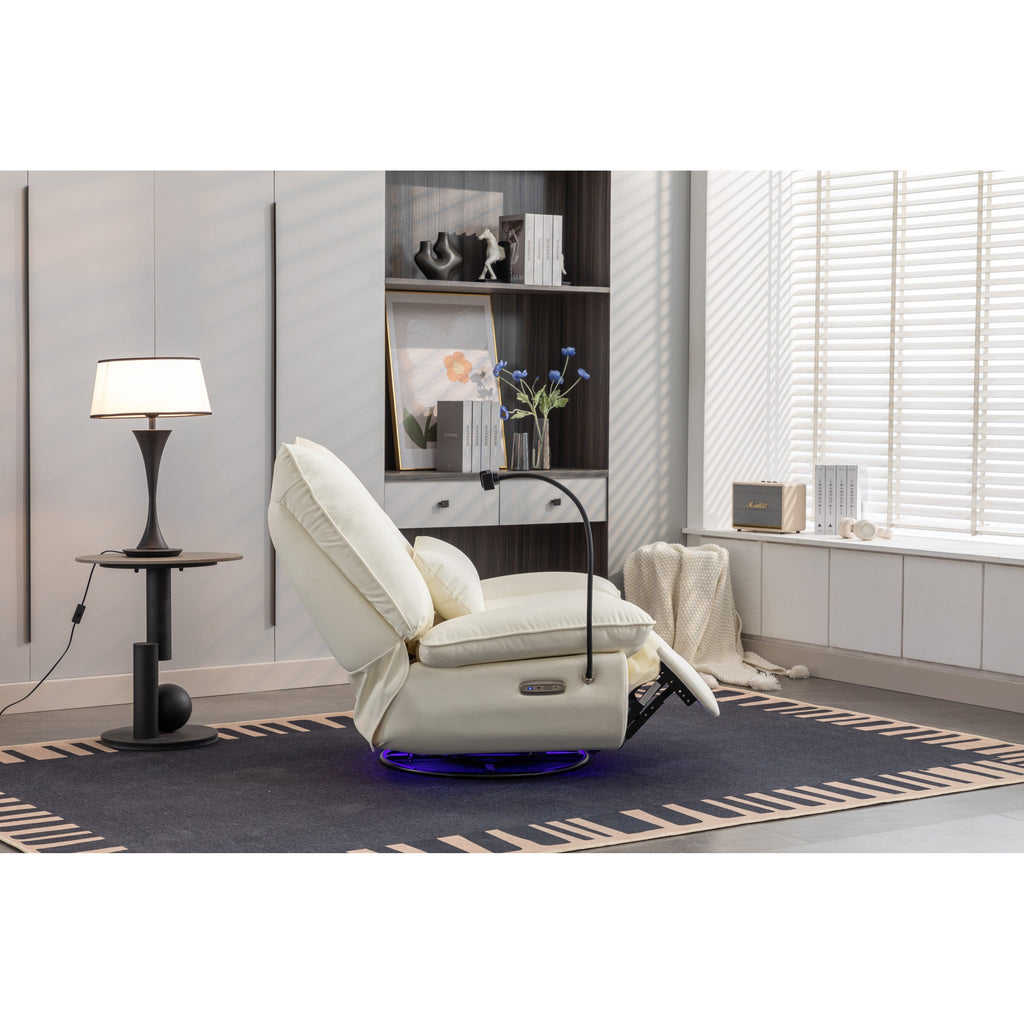 Fauteuil inclinable électrique pivotant avec haut-parleurs Bluetooth, support pour téléphone, ports de chargement USB et Type-C, rangement dissimulé dans l'accoudoir