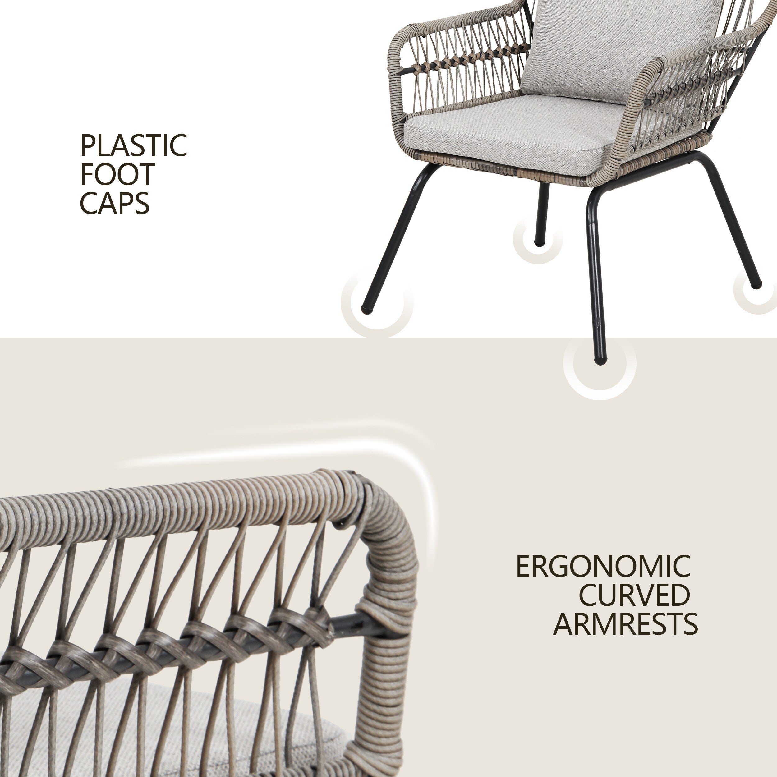 Ensemble bistro de conversation en résine tressée 3 pièces pour extérieur, mobilier de patio en rotin résistant aux intempéries avec coussins