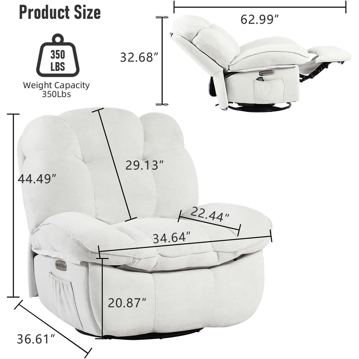 Fauteuil inclinable pivotant électrique XINMICS, fauteuil massant à bascule avec fonction chauffante, ports USB et USB-C et poche latérale
